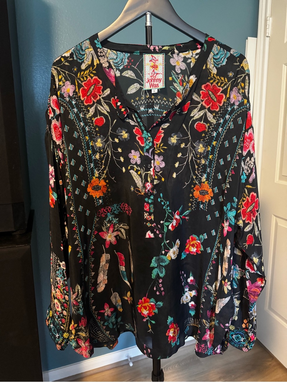 Johnny Was Black Floral Embroidered Sleeve Tunic with Multicolor Bloom Print